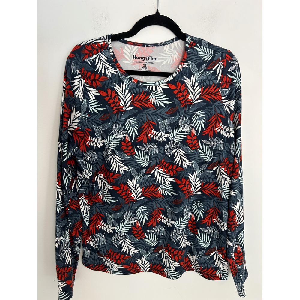 Hang Ten Womens XL Rash Guard Long Sleeve UPF 50+ Tropical Leaf Navy Red White
